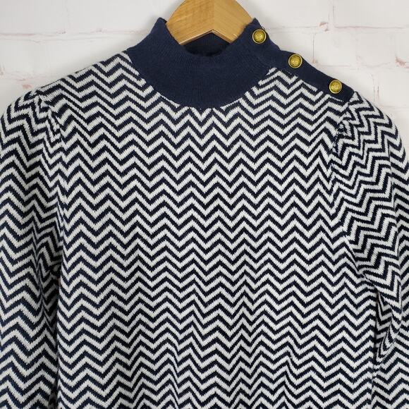 NEW J Crew Button Detail Mockneck Sweater Herringbone XS Blue White Alpaca Blend - Picture 6 of 13